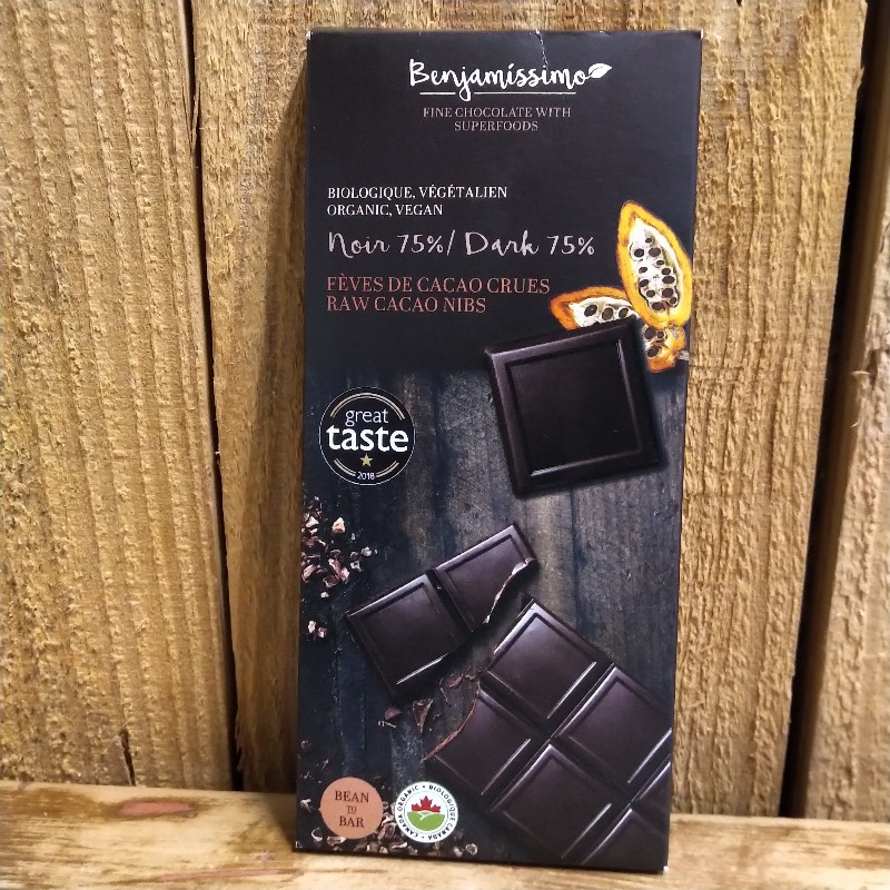 Raw Cocoa Nibs Chocolate bar, Dark 75%